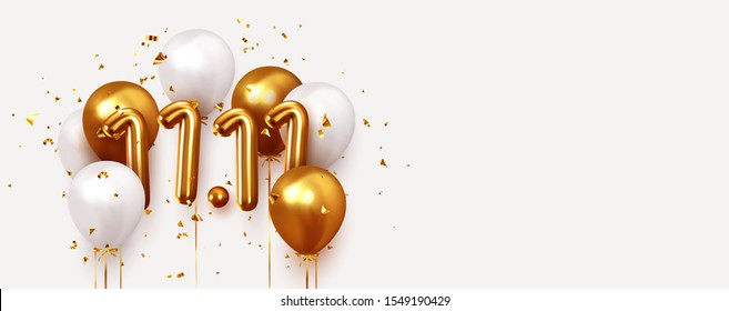 World Shopping Day 11.11. Global Sale. Big Sale Of The Year. Realistic Gold And White Balloons. Background Design Metallic Numbers Date 11.11 And Helium Ballon On Ribbon, Glitter Bright Confetti