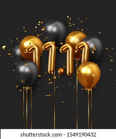 World Shopping Day 11.11. Global Sale. Big sale of the year. Realistic 3d gold and black balloons. Background design metallic numbers date 11.11 and helium ballon on ribbon, glitter bright confetti