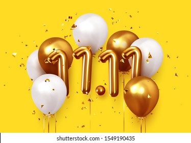 World Shopping Day 11.11. Global Sale. Big sale of the year. Realistic 3d gold and white balloons. Background design metallic numbers date 11.11 and helium ballon on ribbon, glitter bright confetti