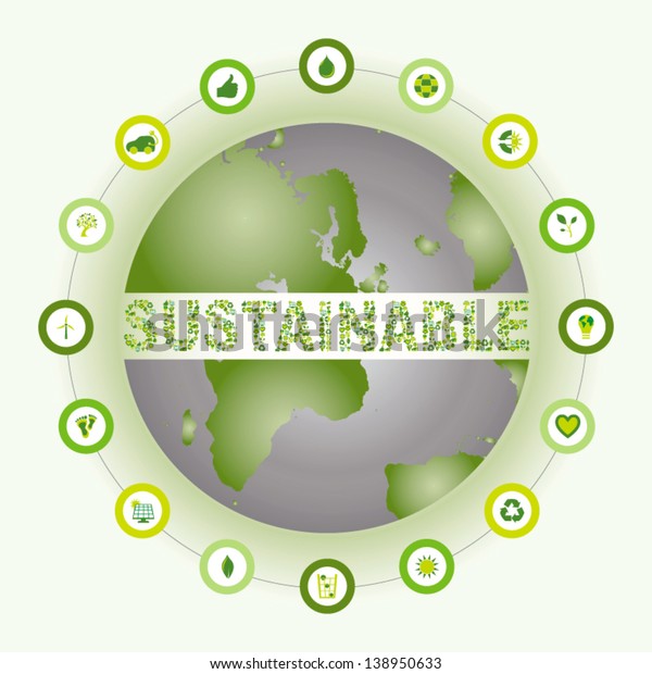 World showing the word Sustainable made out of bio\
eco environmental icons