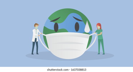 The world is sick and sad concept.Doctors and nurses are taking care of the world by wearing masks,Control of epidemics and viruses.vector illustration