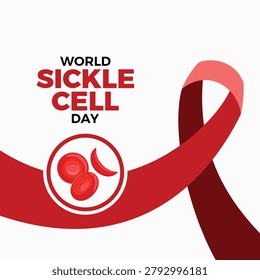 World Sickle Cell Day poster vector illustration. Dark red awareness ribbon and red blood sickle cell icon vector. Template for background, banner, card. June 19 every year. Important day