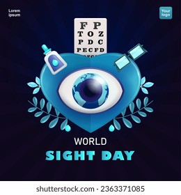 World Sight Day. Earth-shaped human eyes, eye drops, eye tests and glasses with a heart background, suitable for events and design elements