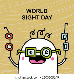 World sight day hand drawn vector illustration in cartoon doodle style man holding glasses crazy