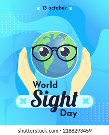 World sight day. Hands hold Earth with eyeglasses. Vector poster on blue background.