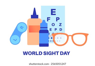 World Sight Day logo. Global sight health awareness, vision care concept, blindness prevention. Optometry examination in ophthalmology center. Lens and glass symbols, vision test vector illustration