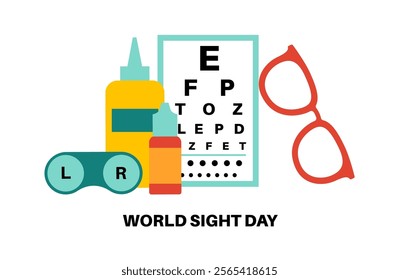 World Sight Day logo. Global sight health awareness, vision care concept, blindness prevention. Optometry examination in ophthalmology center. Lens and glass symbols, vision test vector illustration