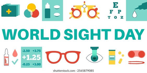 World Sight Day logo. Global sight health awareness, vision care concept, blindness prevention. Optometry examination in ophthalmology center. Lens and glass symbols, vision test vector illustration