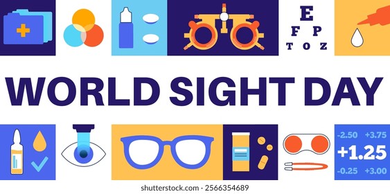 World Sight Day logo. Global sight health awareness, vision care concept, blindness prevention. Optometry examination in ophthalmology center. Lens and glass symbols, vision test vector illustration