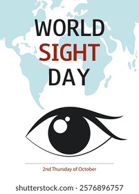 World Sight Day. Vertical white background with silhouette of eye, world map and text. Medical banner, poster, flyer, presentation.