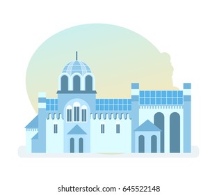 World sights. Architectural building, beautiful historical monastery of the diocese of the Serbian orthodox church, located in yugoslavia. Europe travel. Modern vector illustration isolated