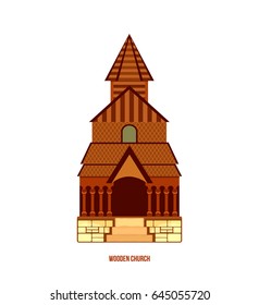 World sights. Architectural building, Urnes stave church, typical norwegian wooden church - part of aa, Norway. Europe travel. Modern vector illustration isolated on white background.