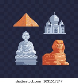 World sights pixel art style icons. Architectural buildings. Famous tourist attractions. Vacation time. Stickers design. Standing Buddha, Sphinx and Egypt Pyramid Cheops Isolated vector illustration