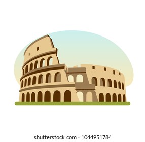 World sights. Travel to Europe. Architectural building, architectural monument of Ancient Rome, the famous building is the Colosseum. Modern vector illustration isolated on white background.