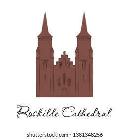 World sights. Travel to Europe. Architectural building, famous church of Denmark, cathedral of Diocese of Zeeland, mausoleum of Roskilde. Vector illustration isolated on white background.