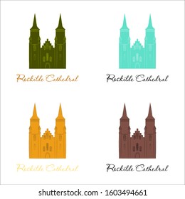 World sights. Travel to Europe. Architectural building, famous church of Denmark, cathedral of Diocese of Zeeland, mausoleum of Roskilde. Vector illustration isolated on white background.