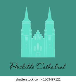 World sights. Travel to Europe. Architectural building, famous church of Denmark, cathedral of Diocese of Zeeland, mausoleum of Roskilde. Vector illustration isolated on white background.