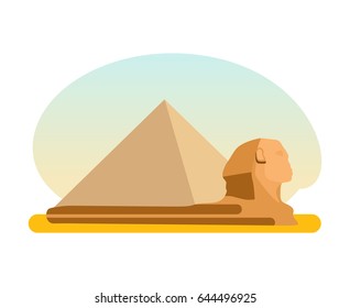 World sights. Travel to Europe. Architectural building, famous ancient Egyptian pyramid of Cheops and the Sphinx. A monument of architectural art. Vector illustration isolated on white background.