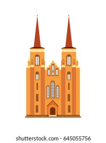 World sights. Travel to Europe. Architectural building, famous church of Denmark, cathedral of Diocese of Zeeland, mausoleum of Roskilde. Vector illustration isolated on white background.