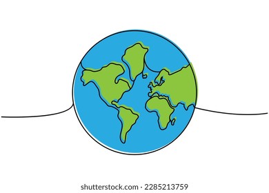 World silhouette colored one line continuous drawing. World map silhouette continuous one line colorful illustration. Vector minimalist illustration.