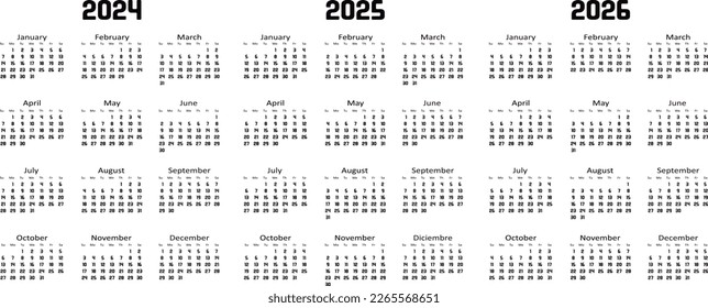 World simple calendar of the years 2024, 2025 and 2026. Numbers in black. The week starts on Sunday