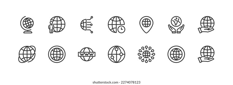 conjunto de iconos simple del mundo. Esquema modificable. Pixel perfecto 24x24px. Aislado sobre un fondo blanco