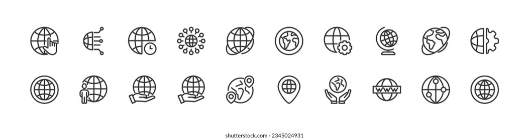 world simple icon set. Outline editable stroke. Pixel perfect 24x24px. Isolated on a white background