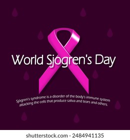 World Sjogren's Day event heal banner. A purple ribbon with bold text and sentences on dark purple background to celebrate on July 23rd