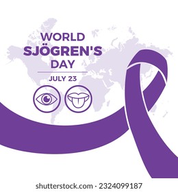 World Sjogren's Day poster with purple ribbon vector illustration. Purple awareness ribbon, eye, tongue icon set vector. Dr. Henrik Sjogren, the Swedish ophthalmologist. July 23 every year