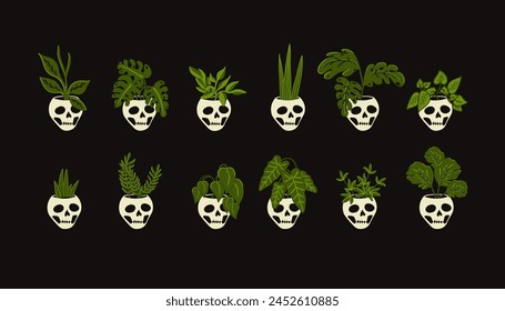 The world of skull inspired botanicals. This eerie yet intriguing vector showcases a blend of macabre elements and natural foliage. Offering visual for Halloween themed designs and mysterious decor.