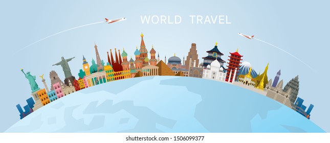 World Skyline Curve Landmarks in Flat Design, Famous Place and Historical Buildings, Travel and Tourist Attraction