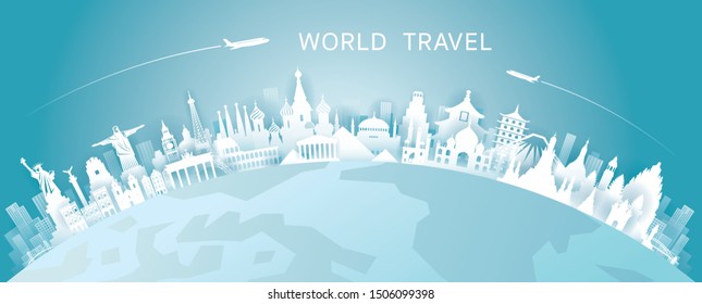 World Skyline Curve Landmarks in Paper Cutting Style, Famous Place and Historical Buildings, Travel and Tourist Attraction