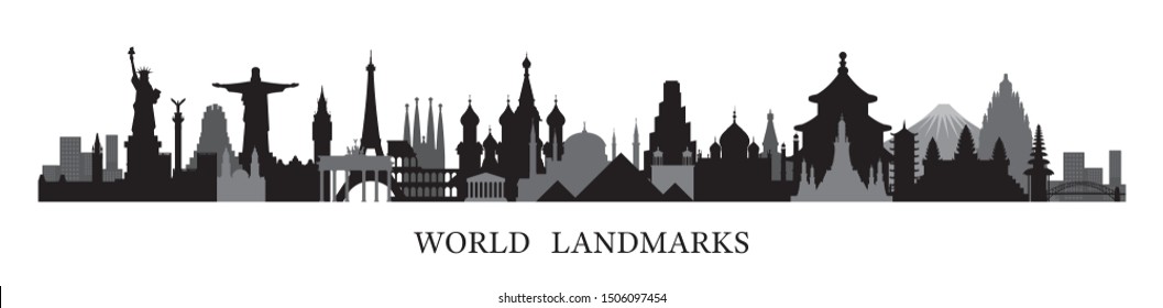 World Skyline Landmarks in Black and White Silhouette, Famous Place and Historical Buildings, Travel and Tourist Attraction