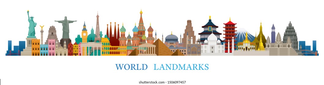 World Skyline Landmarks in Flat Design Style, Famous Place and Historical Buildings, Travel and Tourist Attraction