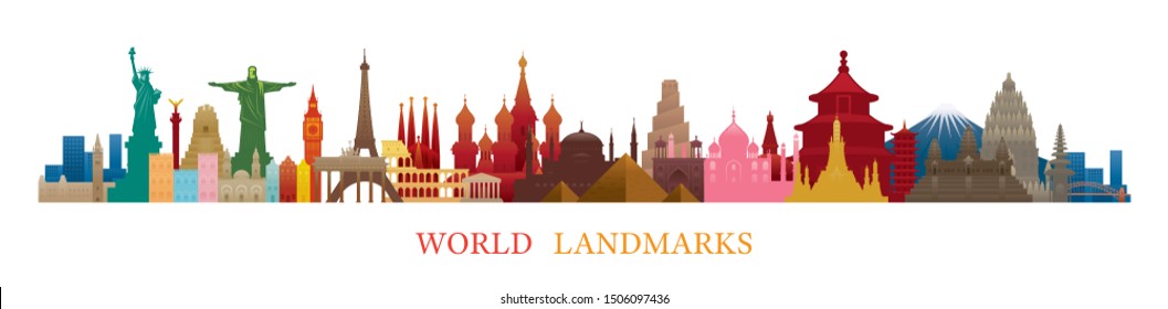 World Skyline Landmarks Silhouette in Colorful Color, Famous Place and Historical Buildings, Travel and Tourist Attraction