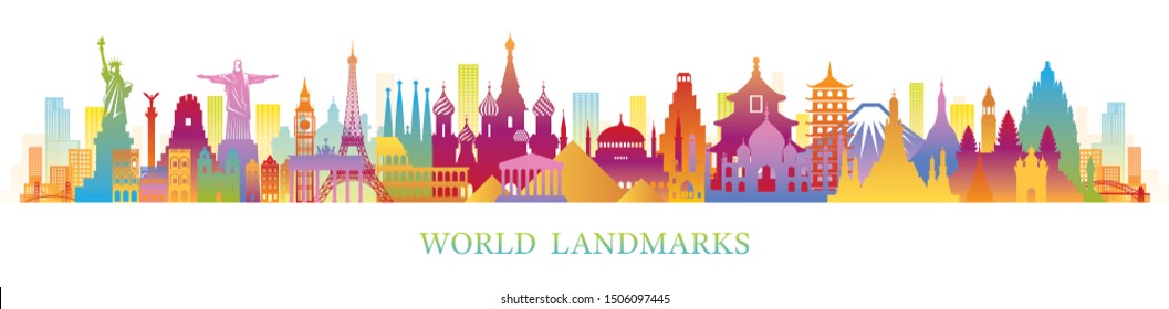 World Skyline Landmarks Silhouette in Colorful Color, Famous Place and Historical Buildings, Travel and Tourist Attraction