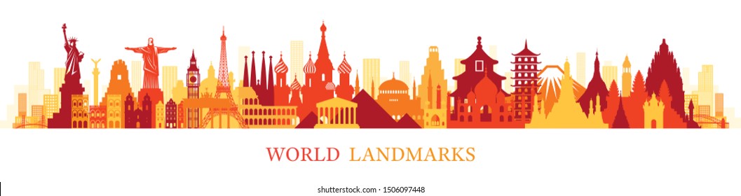 World Skyline Landmarks Silhouette in Colorful Color, Famous Place and Historical Buildings, Travel and Tourist Attraction