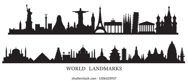 World Skyline Landmarks Silhouette, Famous Place and Historical Buildings, Travel and Tourist Attraction
