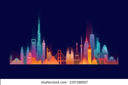 World skyline. Travel and tourism background. Vector flat illustration