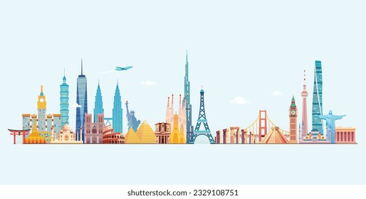 World skyline. Travel and tourism background. Vector flat illustration