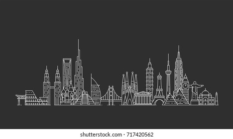 World skyline. Travel and tourism background. Famous buildings and monuments.