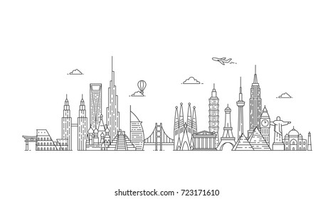 World skyline. Travel and tourism background. Famous buildings and monuments. - Shutterstock ID 723171610