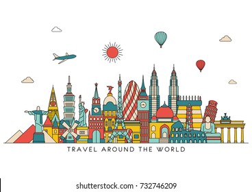 World skyline. Travel and tourism background. Line art vector illustration