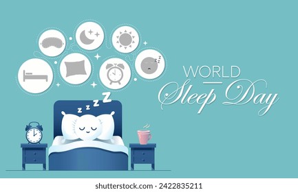 World Sleep Day is an annual event celebrated each year in March. This is an opportunity to stop and think about your sleeping habits, consider how much they impact your well-being. Vector art