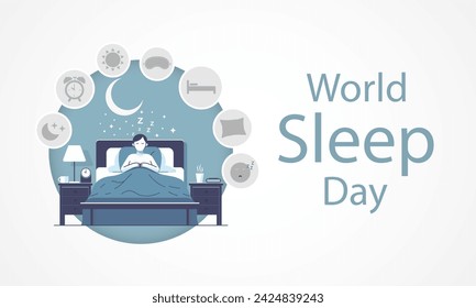 World Sleep Day is an annual event celebrated each year in March. This is an opportunity to stop and think about your sleeping habits, consider how much they impact your well-being. Vector art