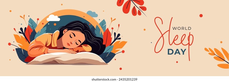 Ilustración de fondo del banner del Día Mundial del Sueño con la ilustración de Sleeping Girl