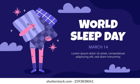 World Sleep Day Banner. Background with person holding a lot of pillows. Flat vector illustration.