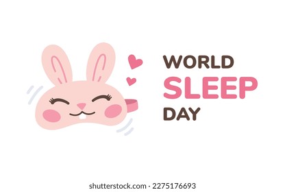 World Sleep Day banner, postcard with kids sleeping mask and text. Vector illustration for international holiday. Cartoon style, flat design