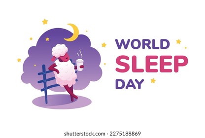 World Sleep Day banner, postcard with esting dream sheep and text. Vector illustration for international holiday. Cartoon style, flat design