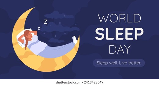 World sleep day. Banner with woman sleep well on moon in sky clouds and starry backgrounds. Vector illustration